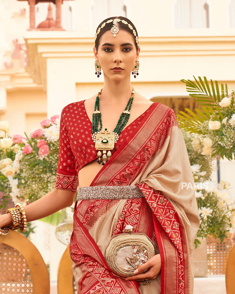 Cream and Red Border Silk Saree with Unstitched Blouse and Belt