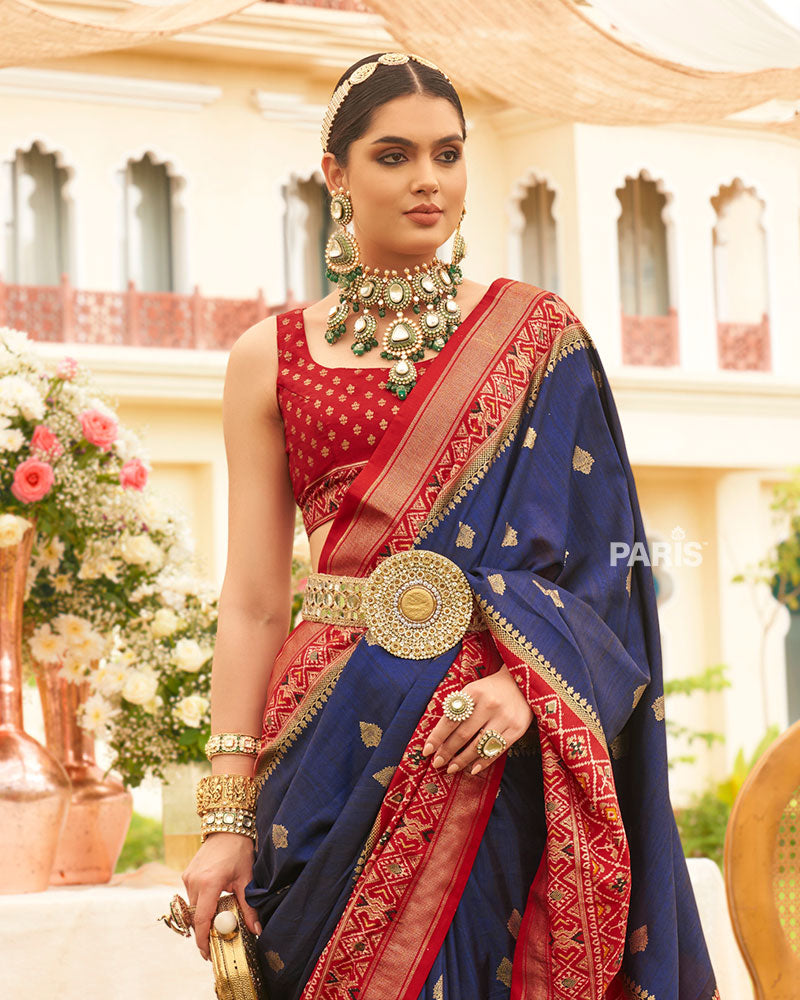 Navy Blue and Red Border Silk Saree with Unstitched Blouse and Belt