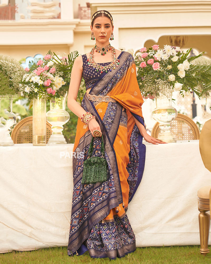 Orange and Navy Blue Border Silk Saree with Unstitched Blouse and Belt