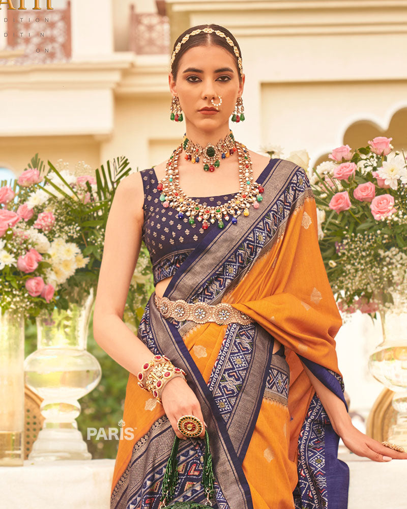 Orange and Navy Blue Border Silk Saree with Unstitched Blouse and Belt