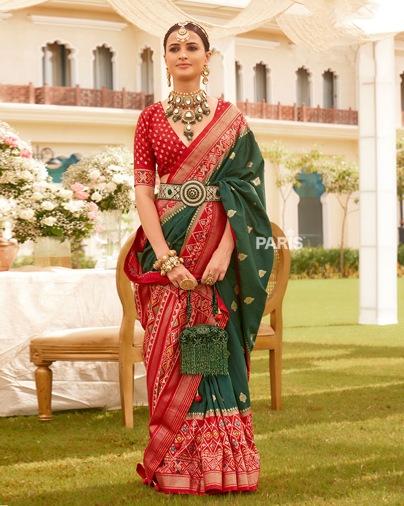 Deep Green and Red Border Silk Saree with Unstitched Blouse and Belt
