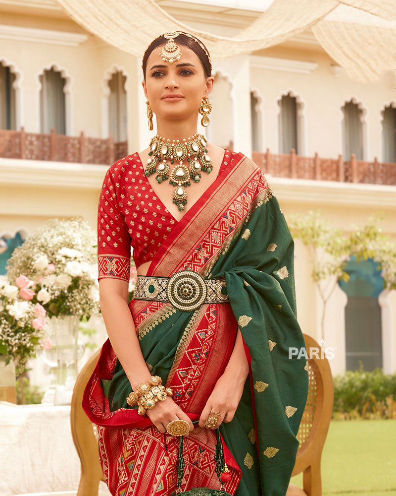 Deep Green and Red Border Silk Saree with Unstitched Blouse and Belt