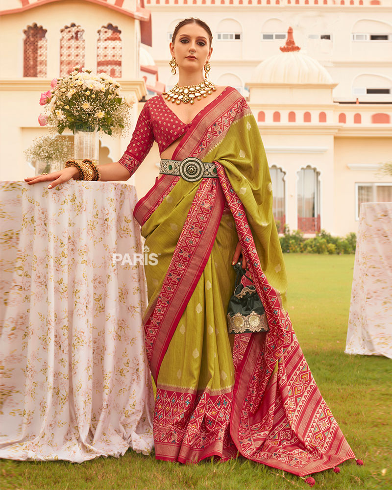Olive Green and Red Border Silk Saree with Unstitched Blouse and Belt
