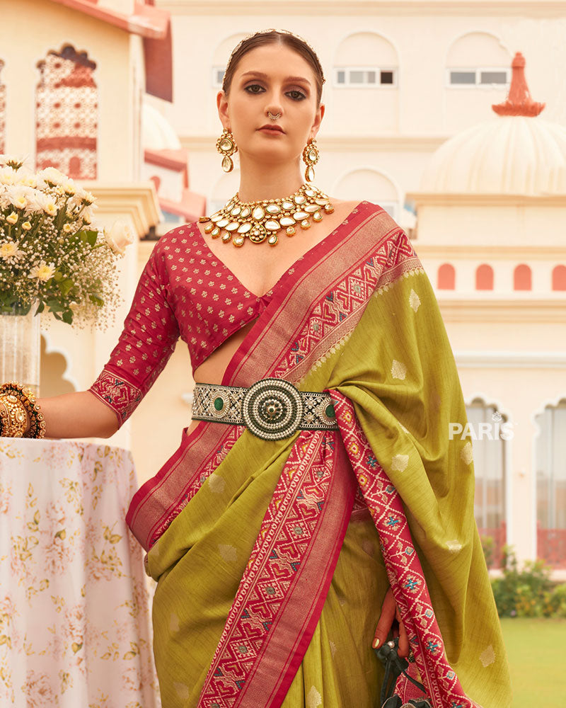 Olive Green and Red Border Silk Saree with Unstitched Blouse and Belt