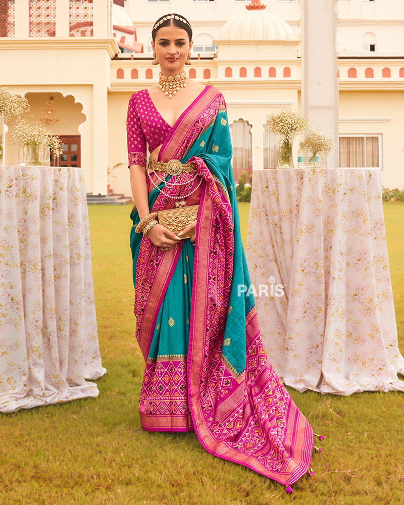 Teal Blue and Pink Border Silk Saree with Unstitched Blouse and Belt