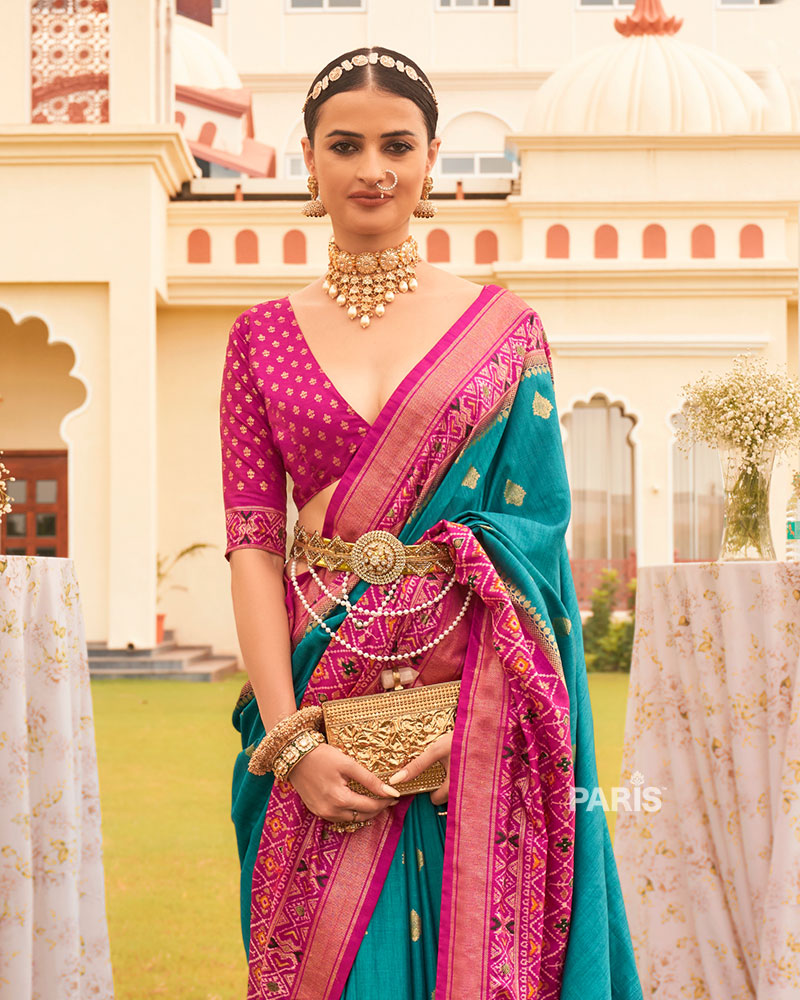 Teal Blue and Pink Border Silk Saree with Unstitched Blouse and Belt