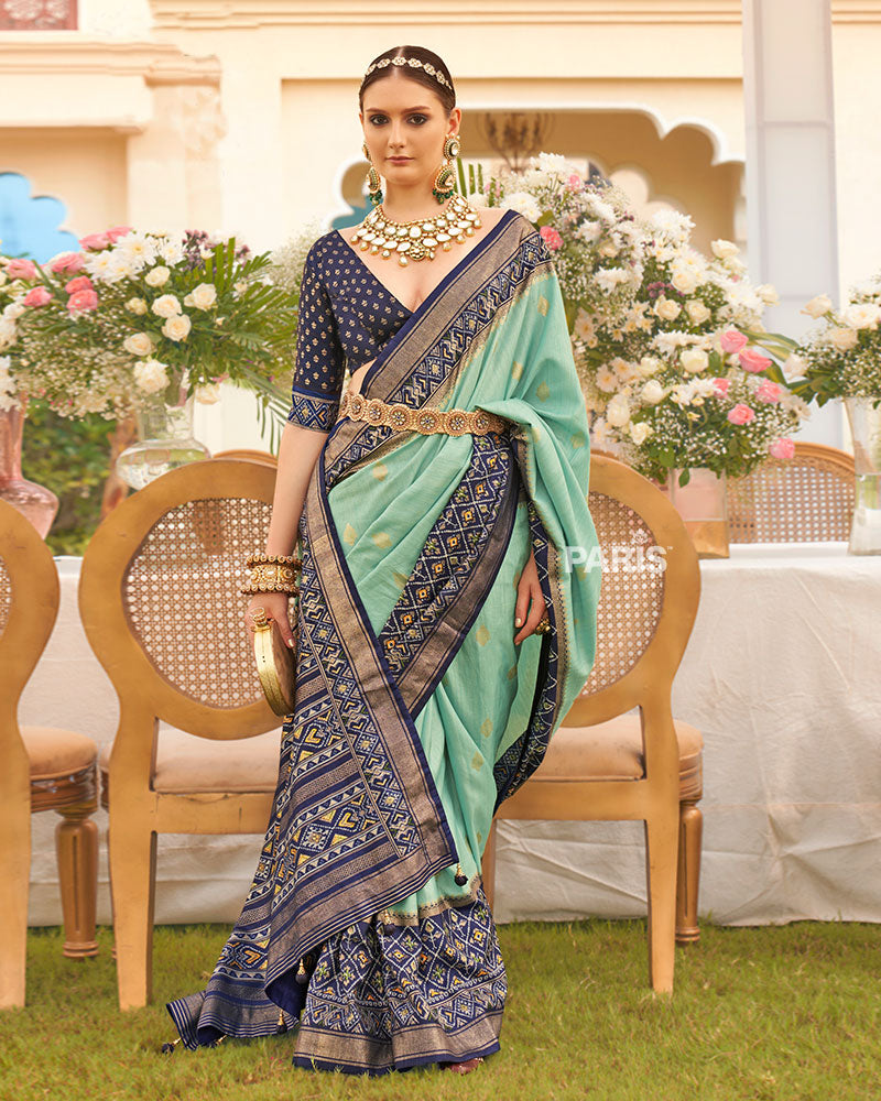 Surf Green and Blue Border Silk Saree with Unstitched Blouse and Belt