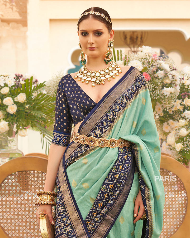 Surf Green and Blue Border Silk Saree with Unstitched Blouse and Belt