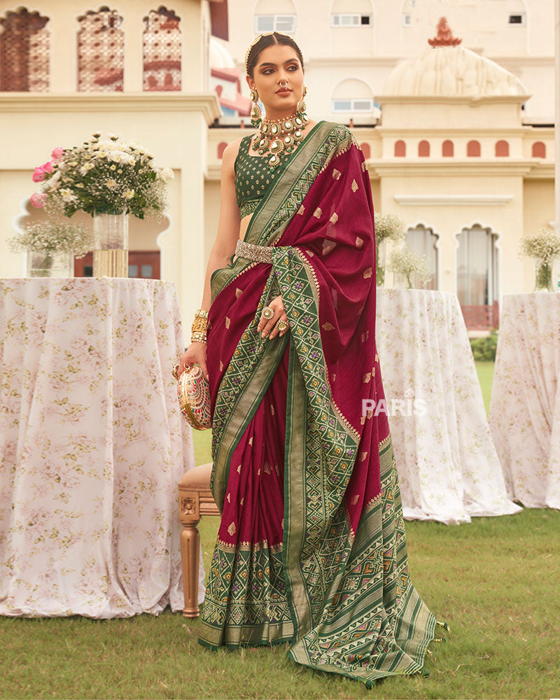 Maroon and Green Border Silk Saree with Unstitched Blouse and Belt