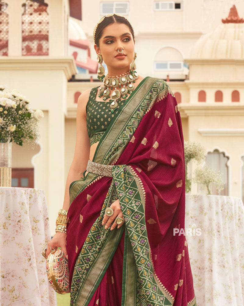 Maroon and Green Border Silk Saree with Unstitched Blouse and Belt