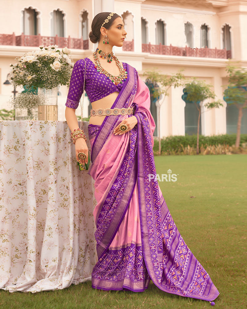 Rose Pink and Purple Border Silk Saree with Unstitched Blouse and Belt
