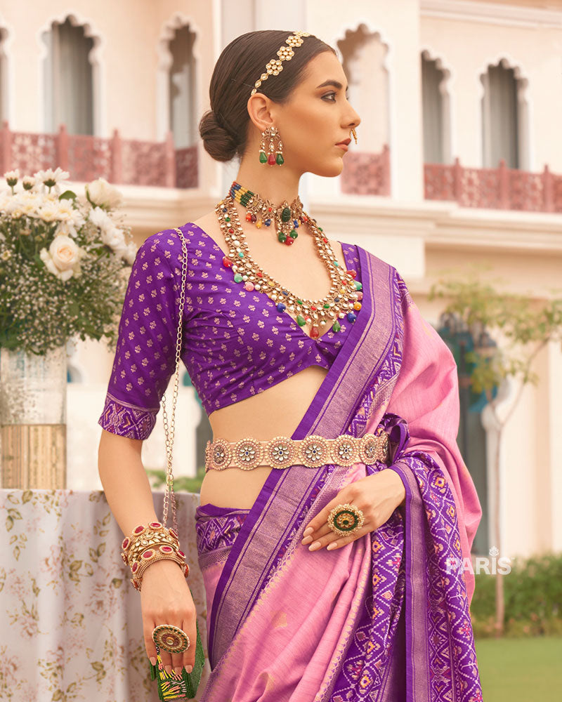 Rose Pink and Purple Border Silk Saree with Unstitched Blouse and Belt