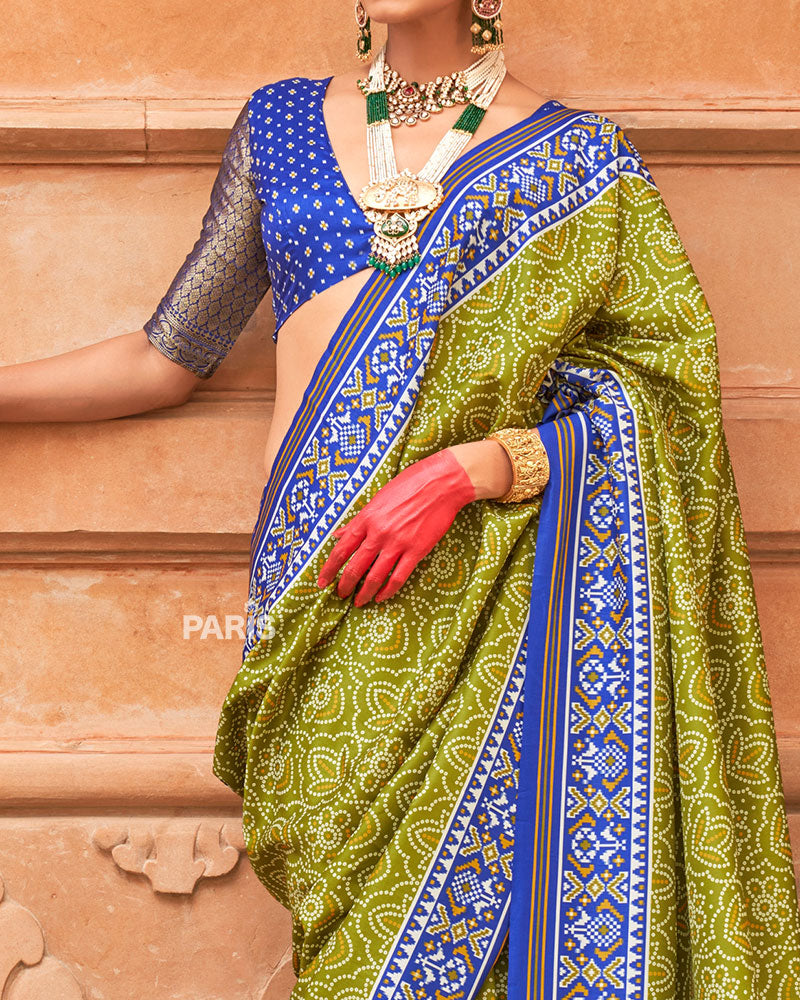 Grey & Red Patola Printed Saree with Blouse
