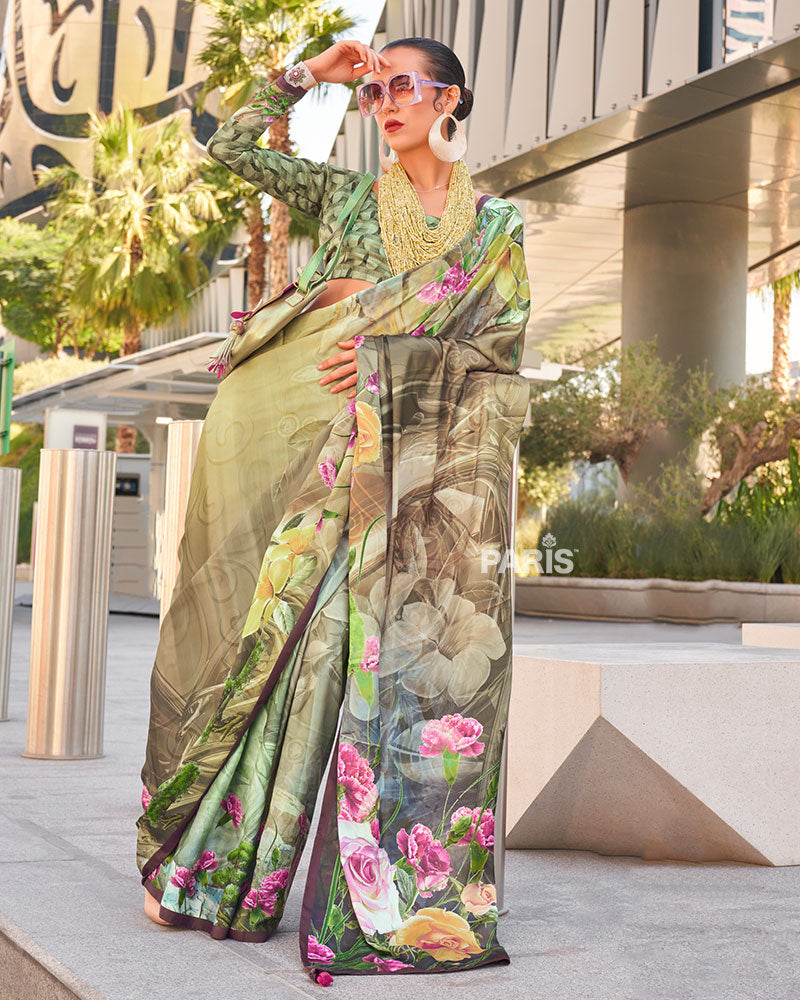 Light Beige and Multicolor Digital Print Satin Saree with Unstitched Blouse
