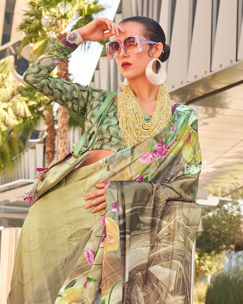 Light Beige Abstract Digital Print Satin Saree