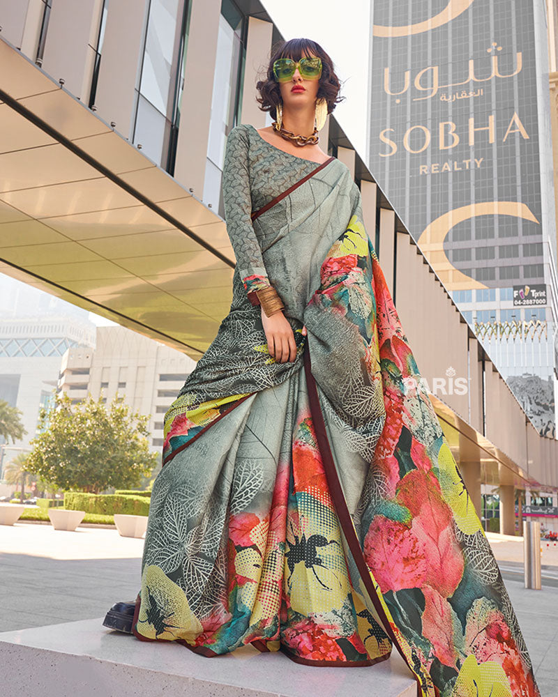 Grey and Multicolor Digital Print Satin Saree with Unstitched Blouse