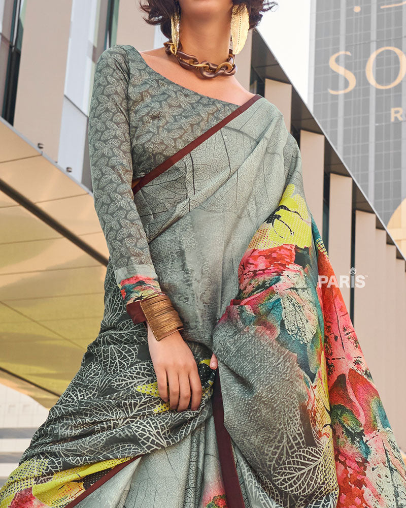 Grey and Multicolor Digital Print Satin Saree with Unstitched Blouse