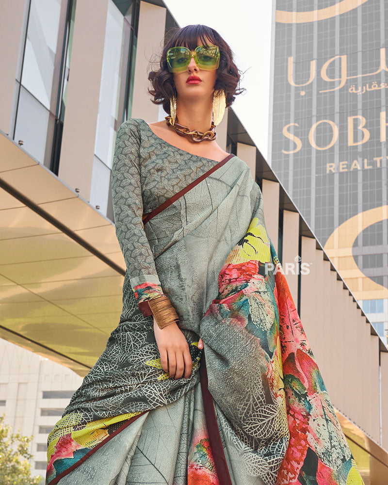 Grey Multicolor Floral Digital Print Satin Saree