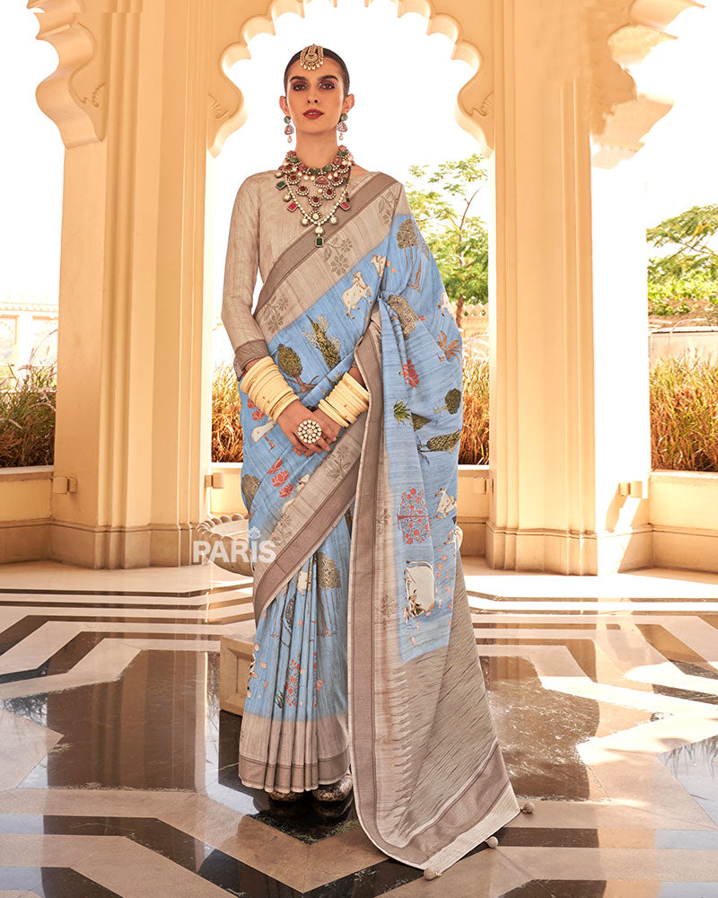 Beige Silk Saree with Light Brown Border & Motifs