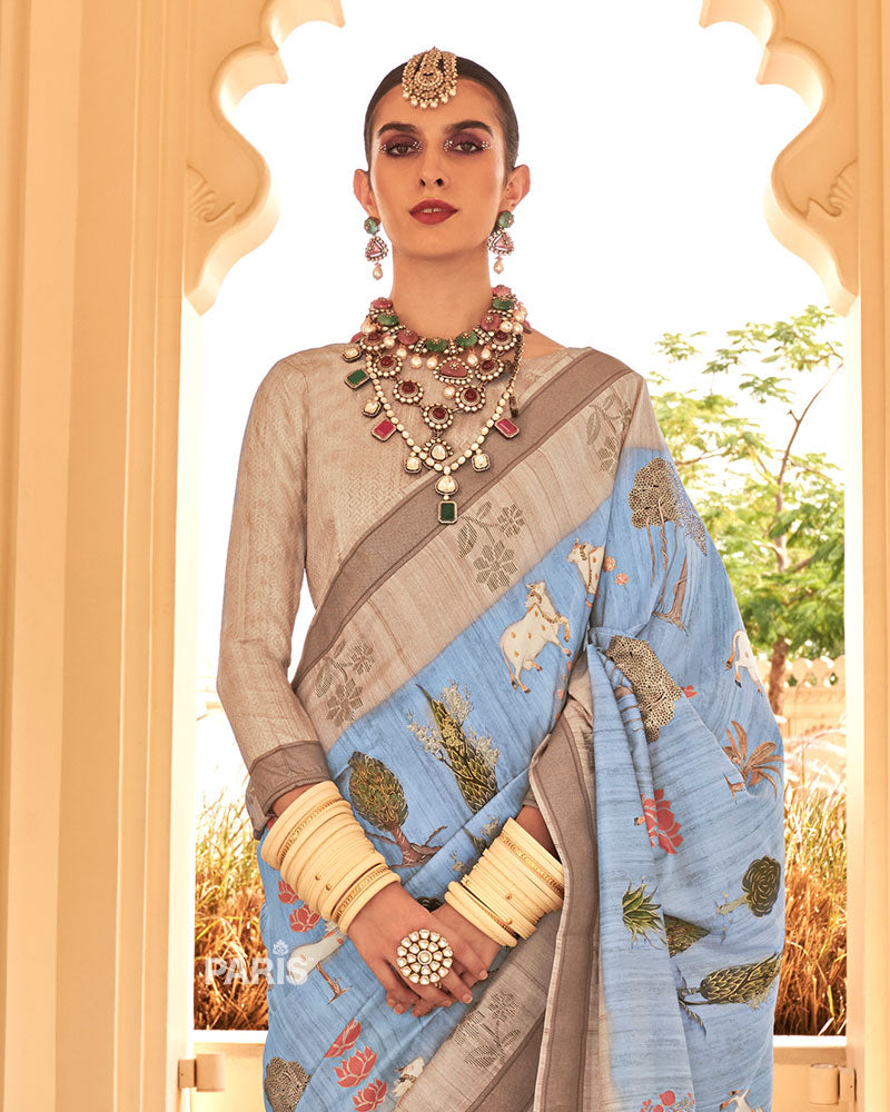 Beige Silk Saree with Light Brown Border & Motifs
