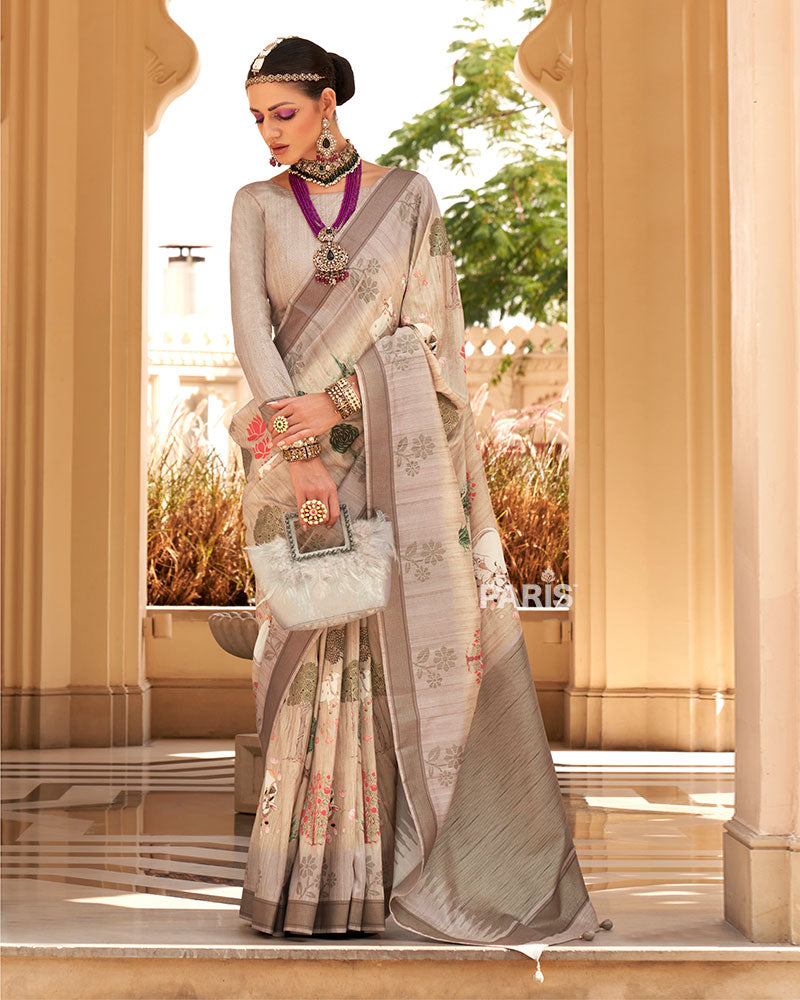 Aqua Blue Silk Saree with Light Brown Border & Blouse