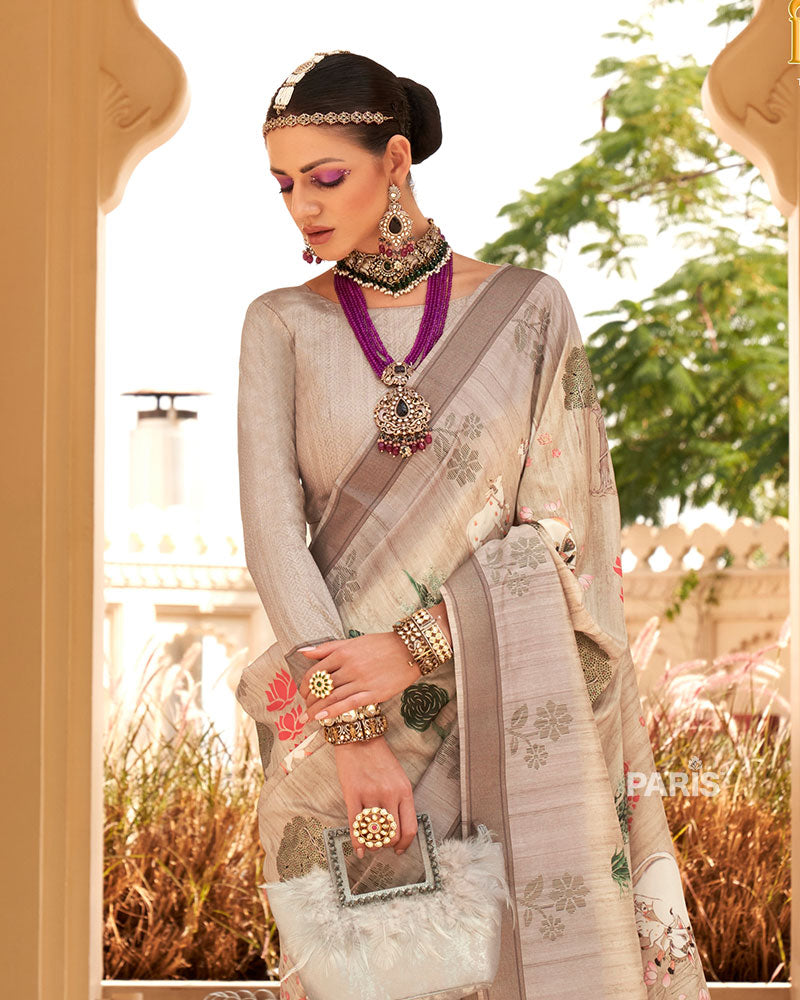 Aqua Blue Silk Saree with Light Brown Border & Blouse