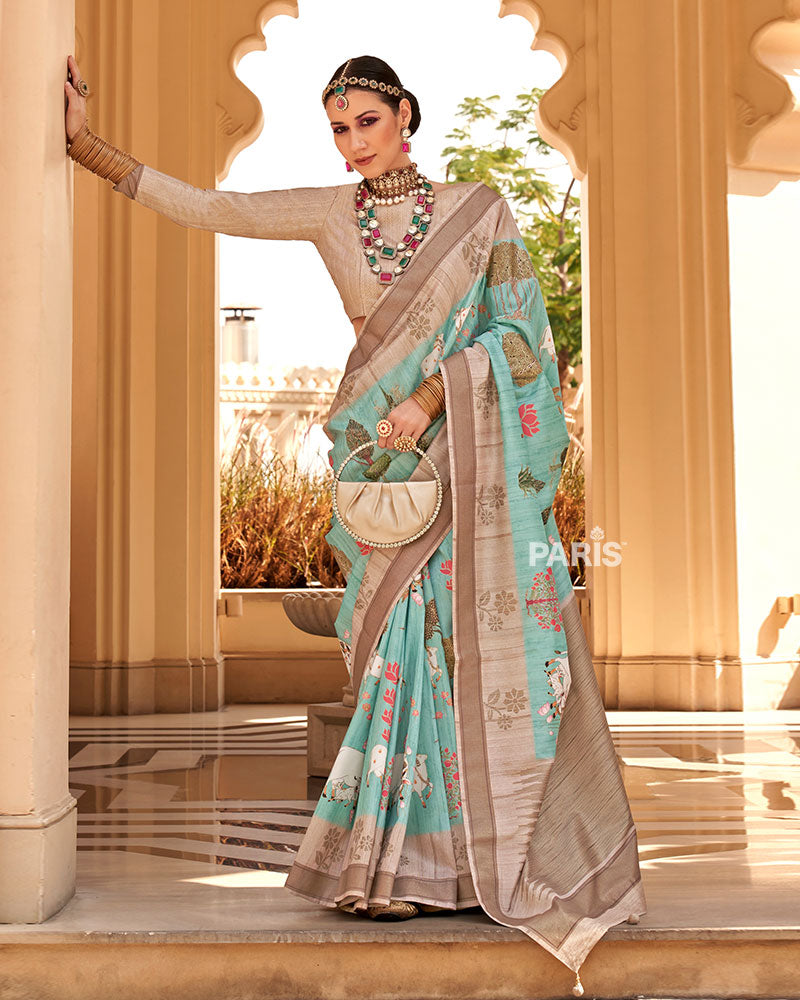 Aqua Blue & Beige Printed Saree with Motif Work