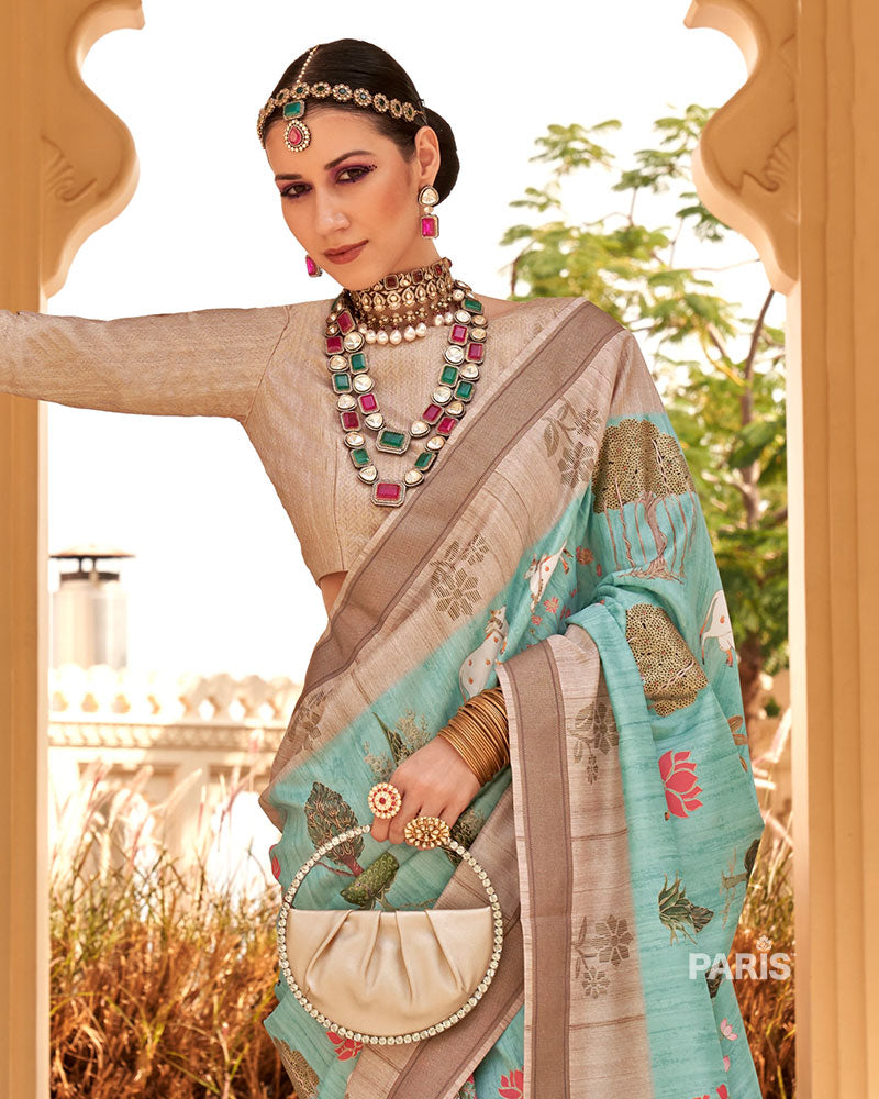 Aqua Blue & Beige Printed Saree with Motif Work