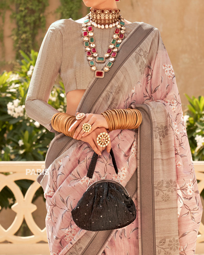 Grey Printed Saree with Blue Border & Blouse