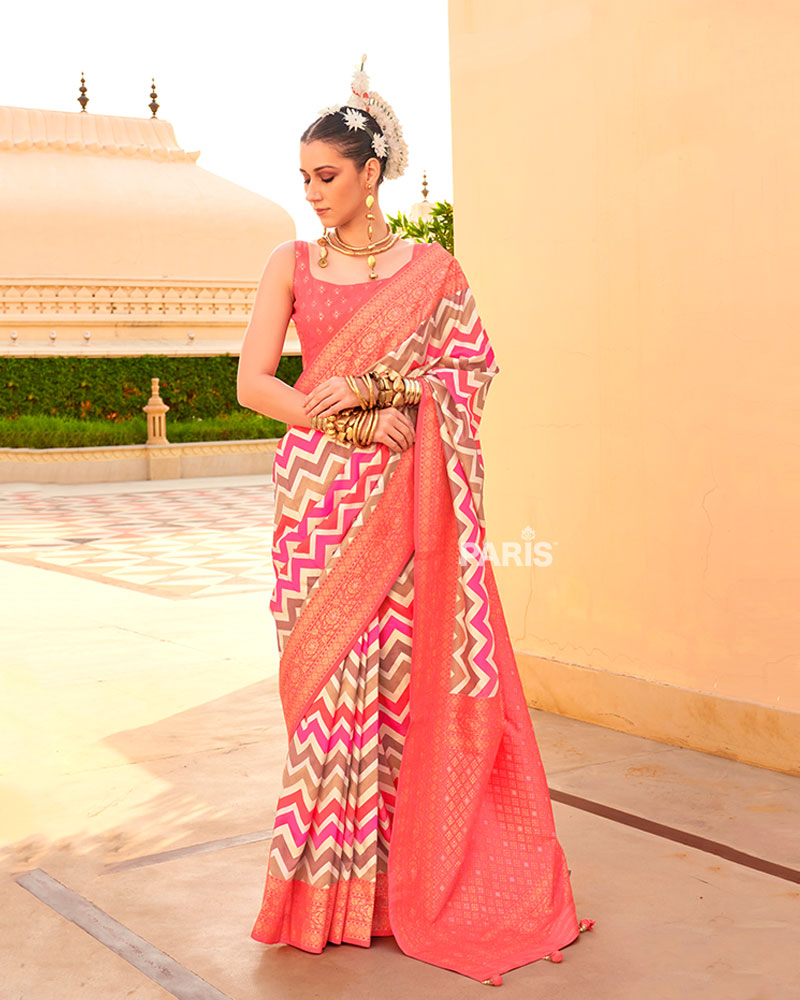 Peach Printed Silk Saree with Unstitched Blouse