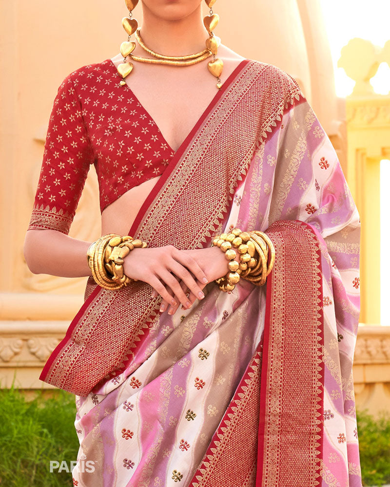 Red Printed Silk Saree with Unstitched Blouse