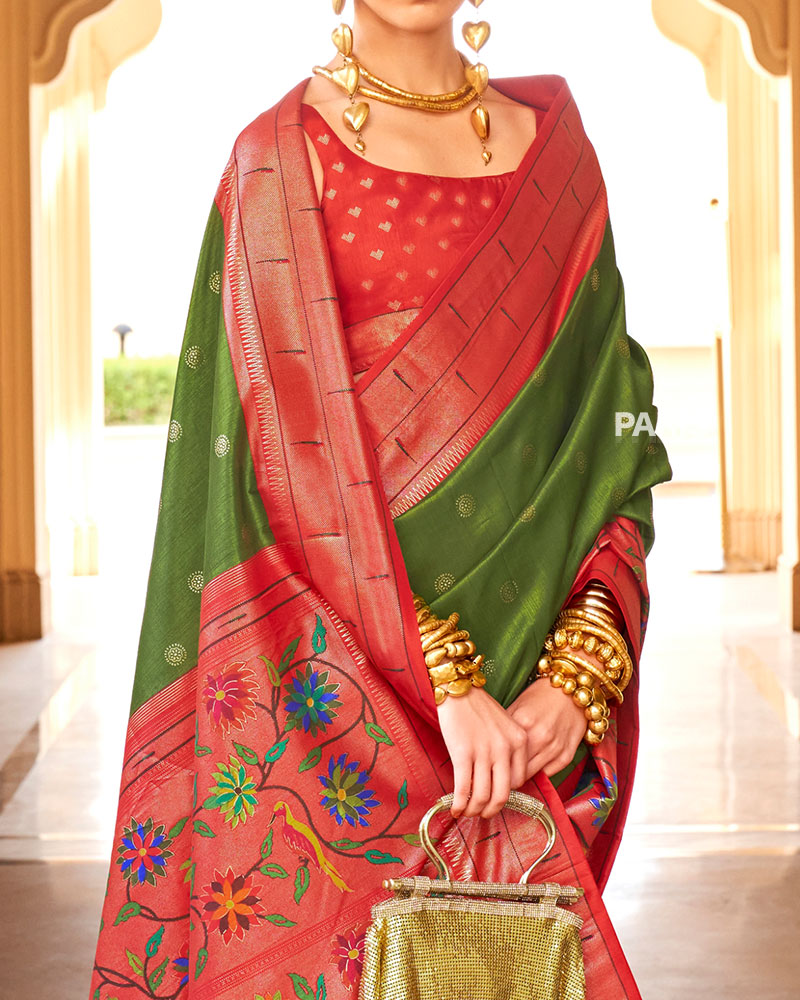 Red Paithani Saree with Dark Green Zari Peacock Border