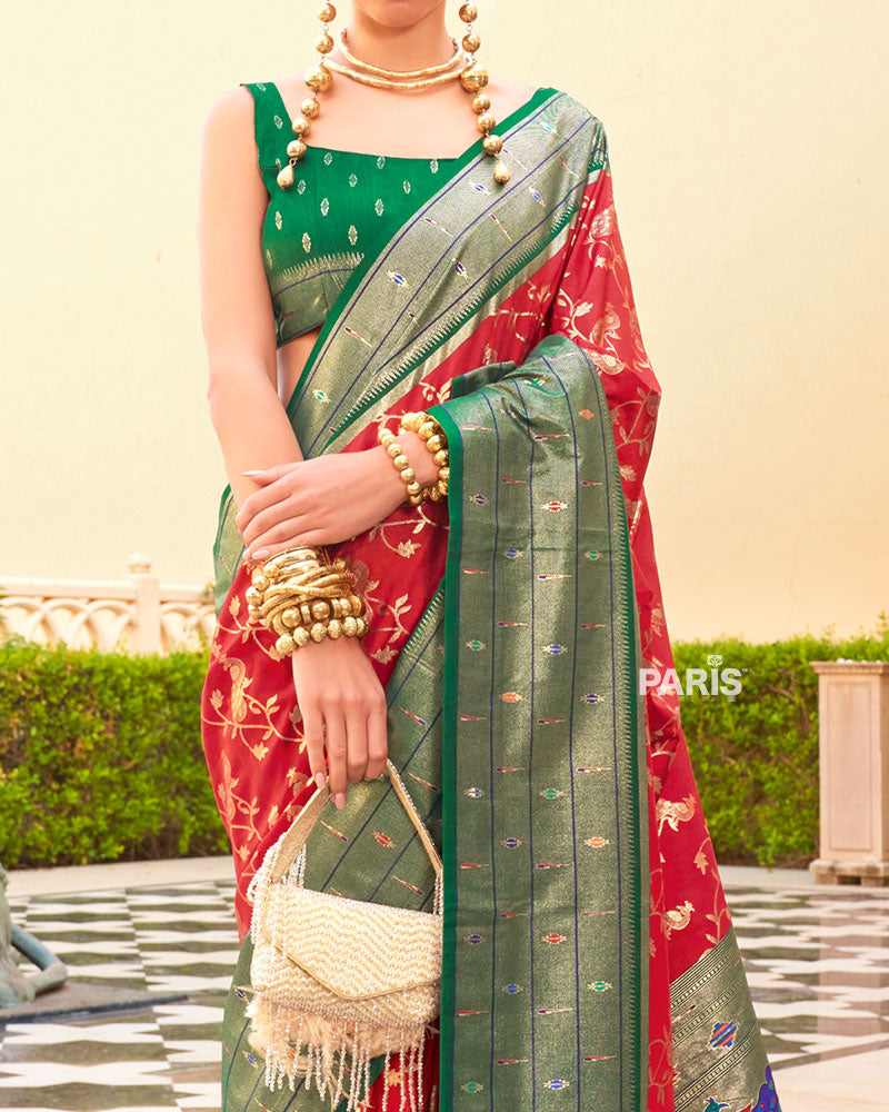 Dark Green Paithani Saree with Pink Peacock Zari Border