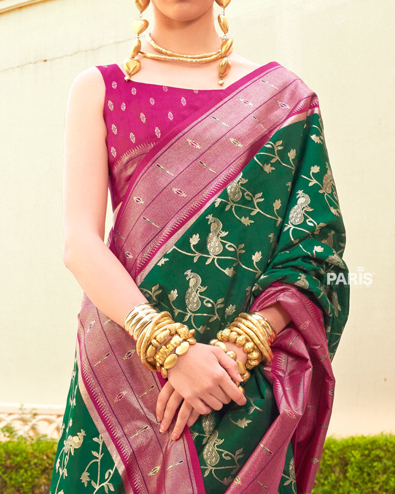 Blue Paithani Silk Saree with Pink Zari Peacock Border