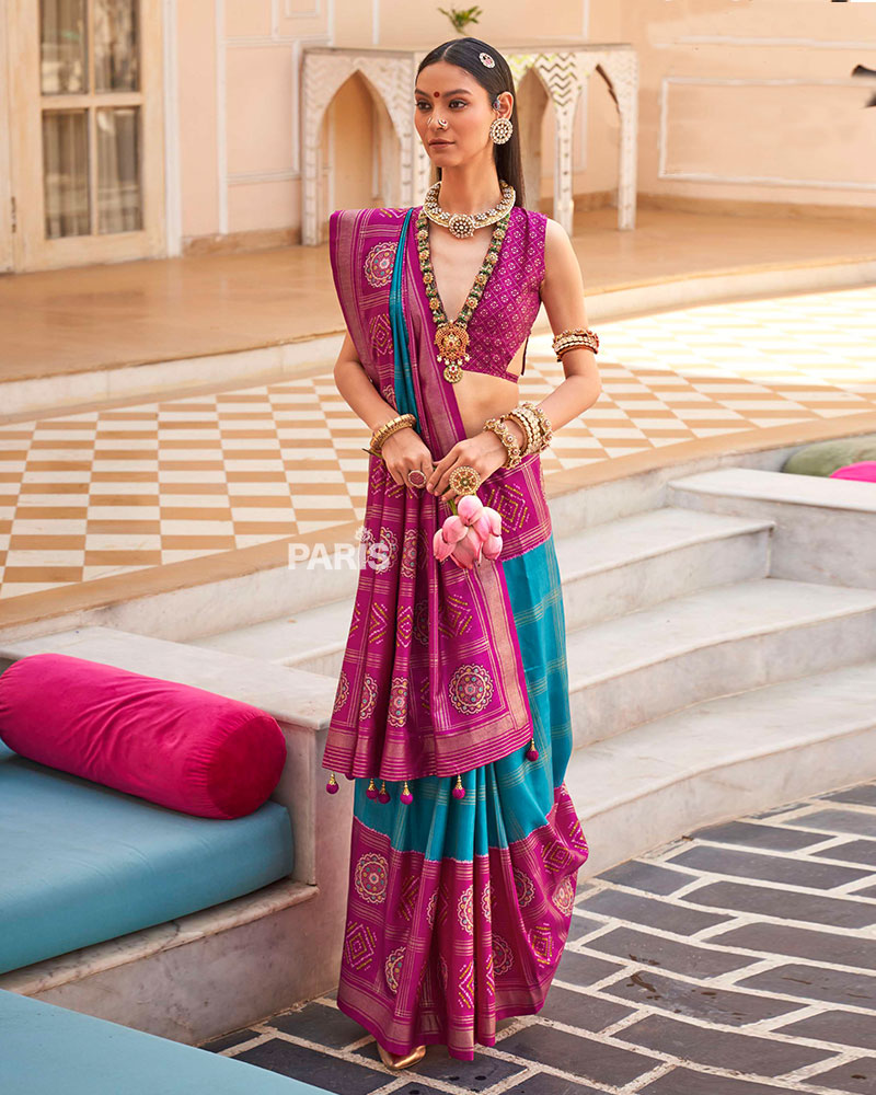Magenta & Turquoise Patola Silk Saree with Gold Border