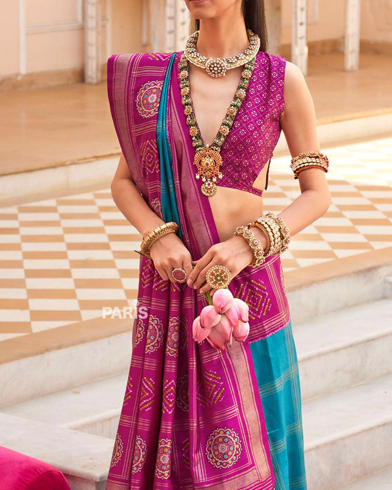 Magenta and Turquoise Printed Patola Silk Saree with Unstitched Blouse
