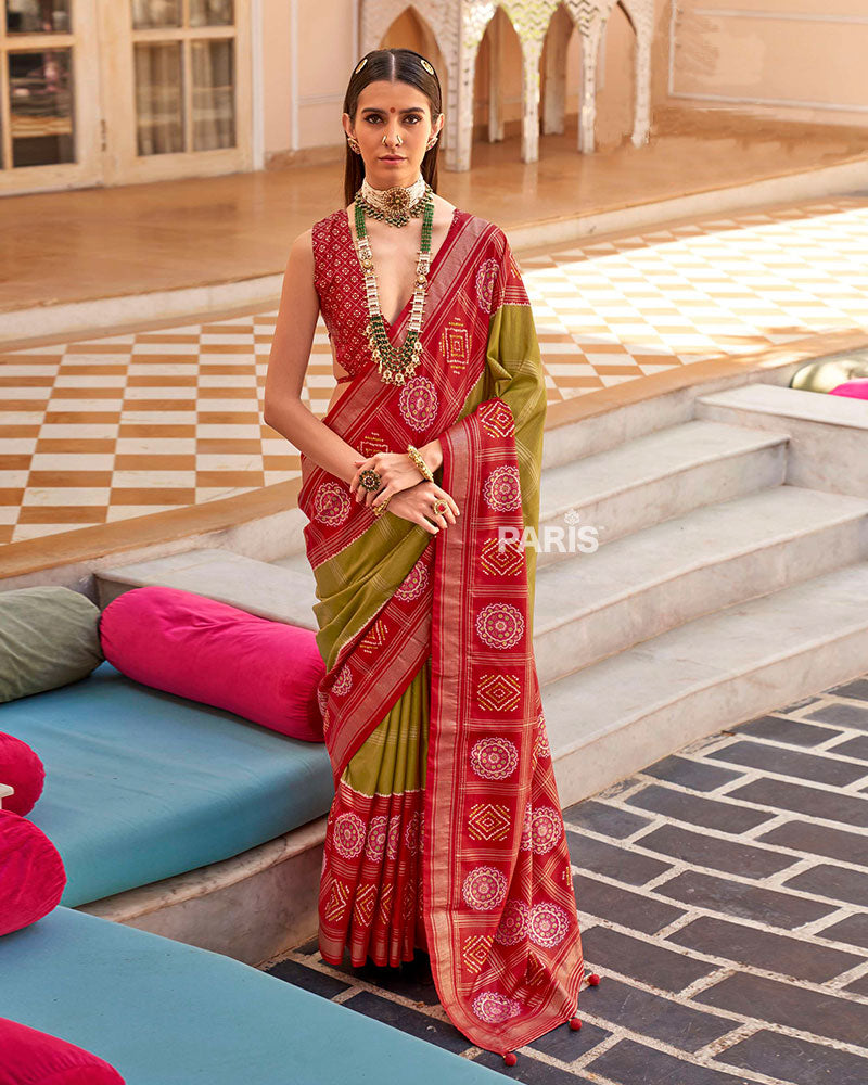 Red and Olive Green Printed Patola Silk Saree with Unstitched Blouse