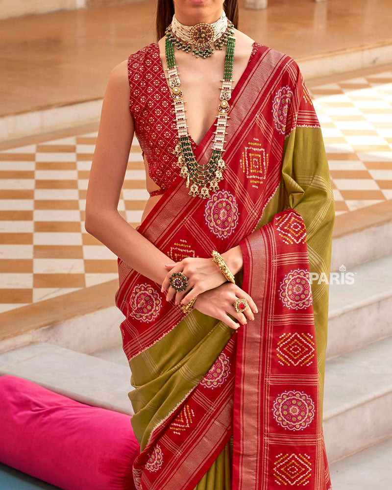 Red and Olive Green Printed Patola Silk Saree with Unstitched Blouse