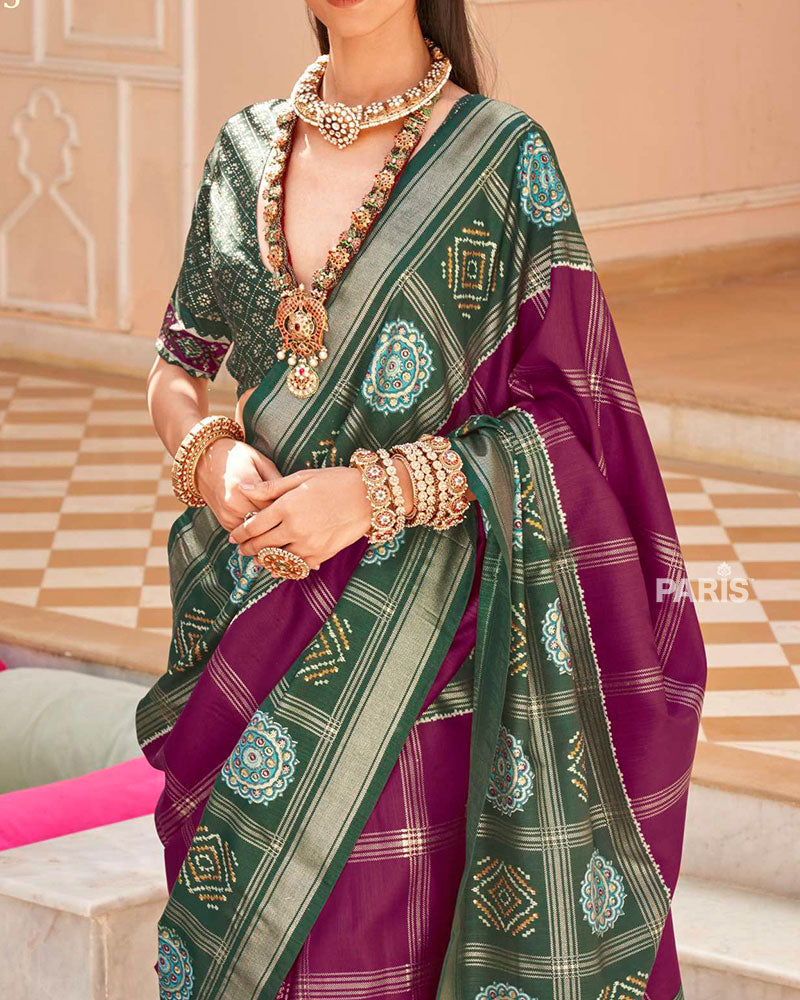 Green & Purple Patola Silk Saree with Gold Zari Border