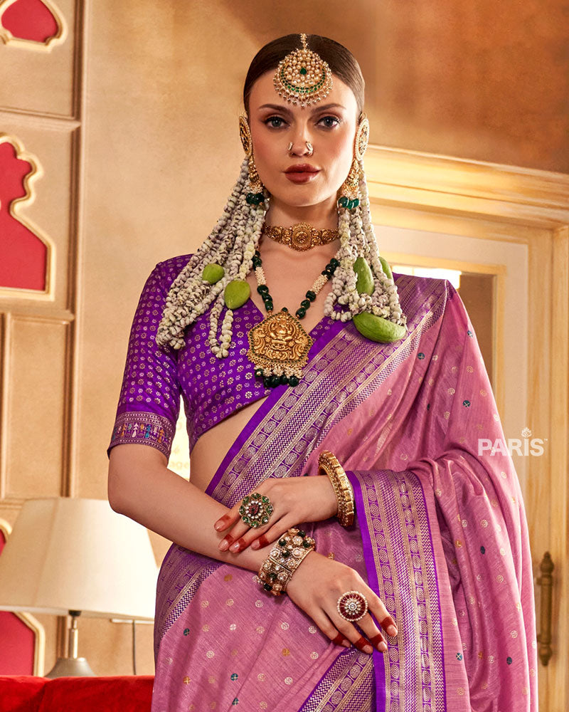 Light Pink and Purple Foil Printed Patola Saree with Unstitched Blouse