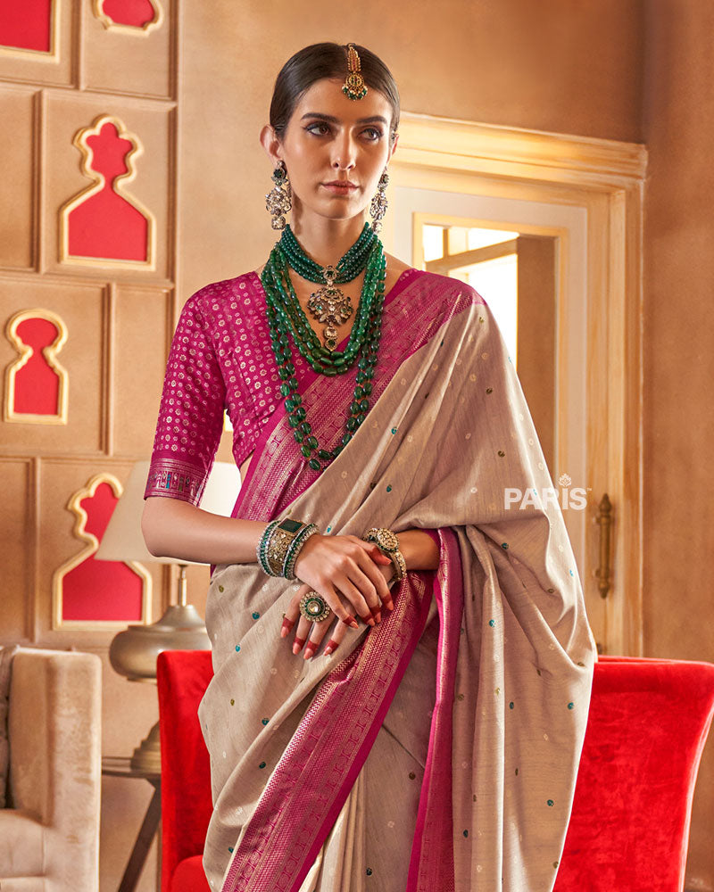 Beige and Pink Foil Printed Patola Saree with Unstitched Blouse