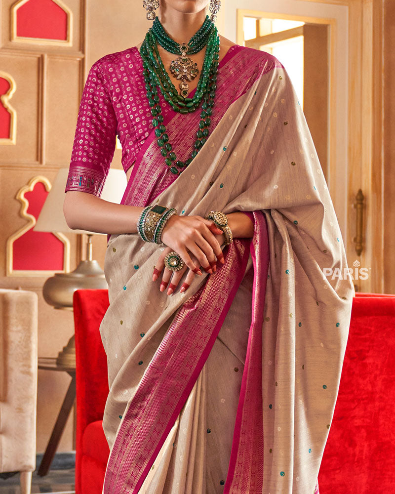 Beige and Pink Foil Printed Patola Saree with Unstitched Blouse