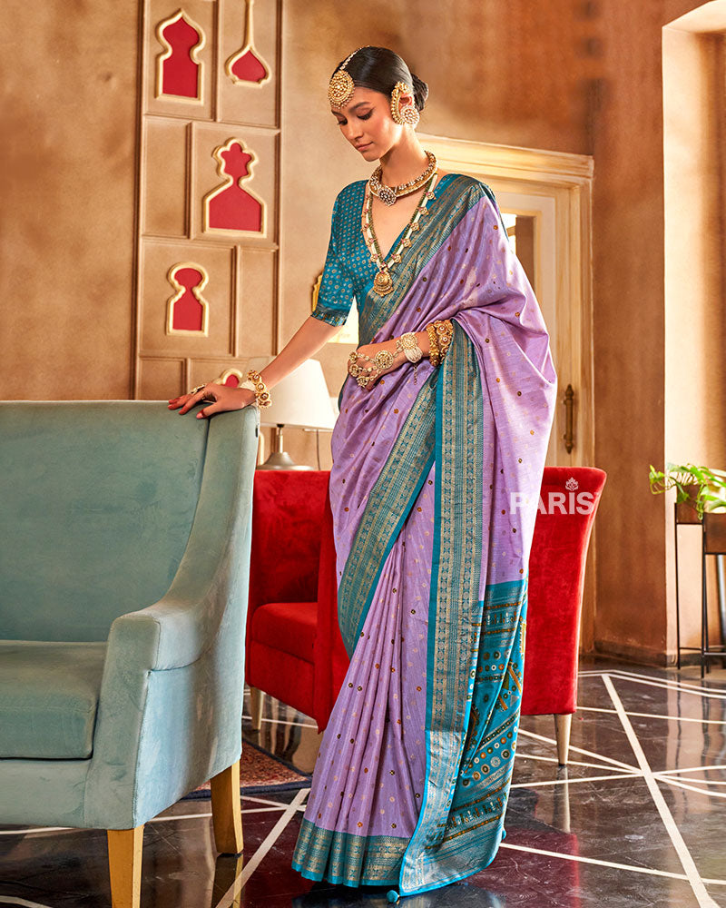 Lavender and Teal Foil Printed Patola Saree with Unstitched Blouse