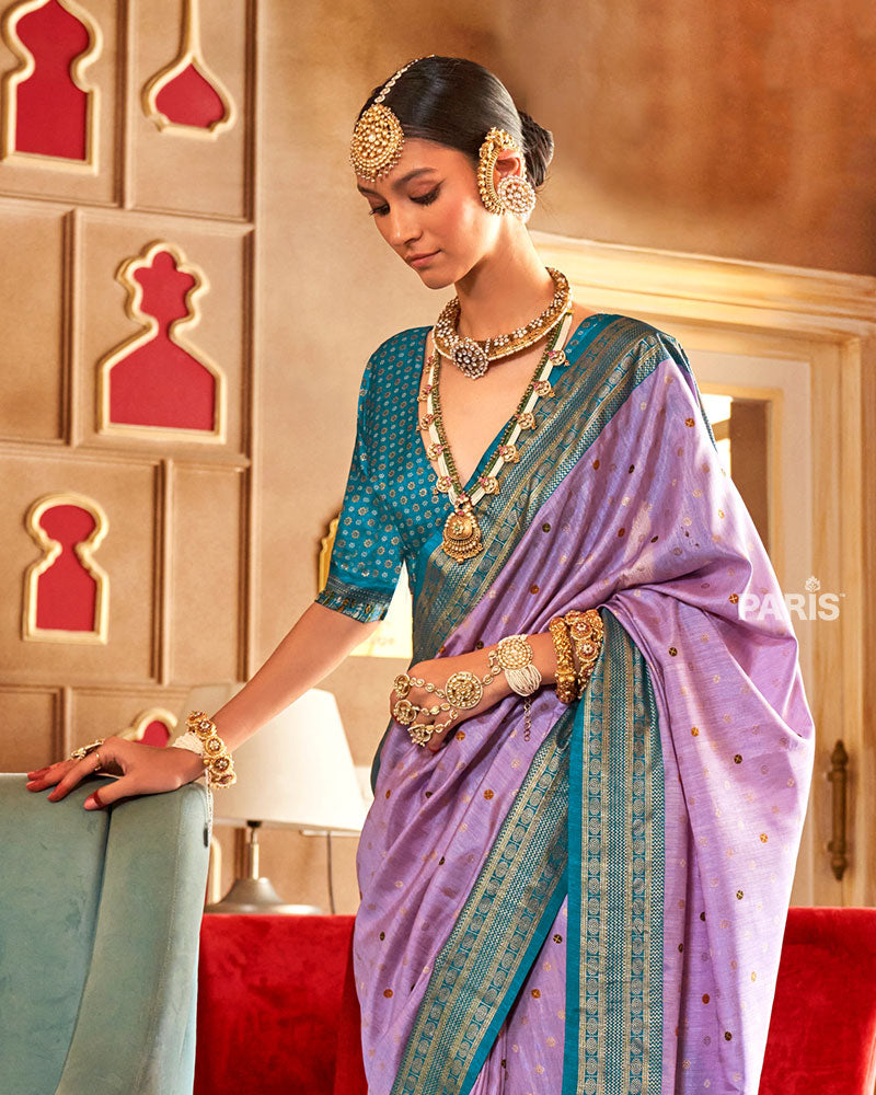 Lavender and Teal Foil Printed Patola Saree with Unstitched Blouse