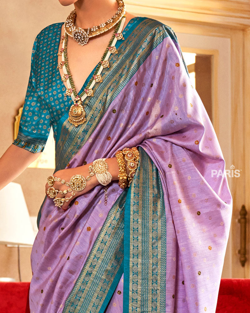Lavender and Teal Foil Printed Patola Saree with Unstitched Blouse