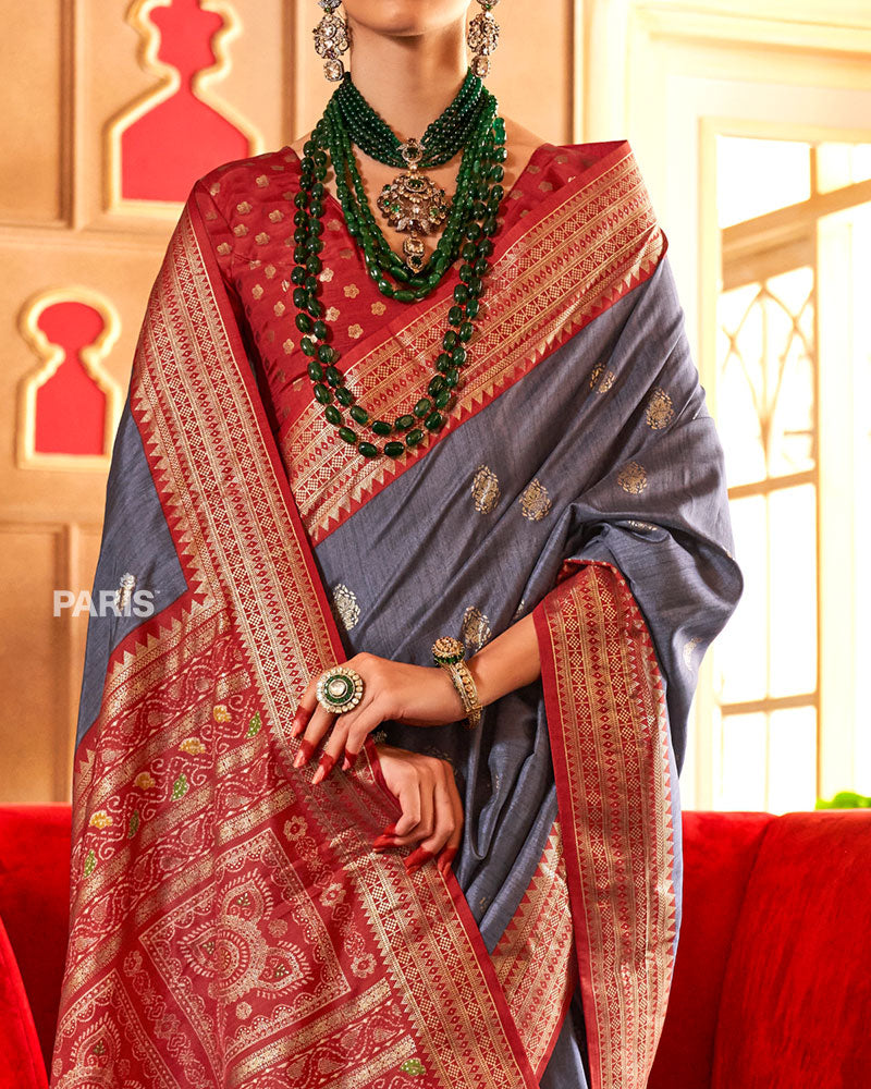 Grey Foil Printed Patola Saree with Red Border