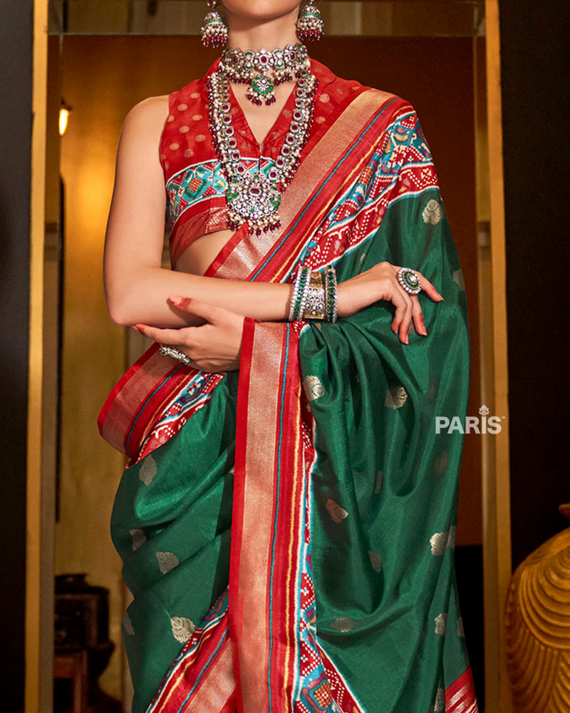 Green Patola Silk Saree with Red Border for Weddings