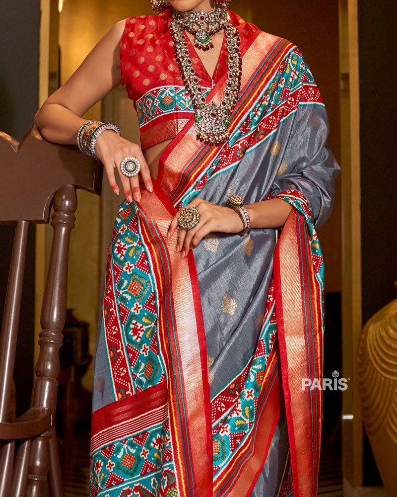 Grey Patola Silk Saree with Red Border for Festive Wear