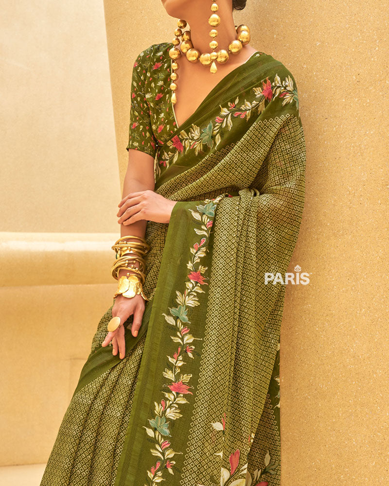 Olive Green Floral Print Saree with Intricate Weaving and Unstitched Blouse