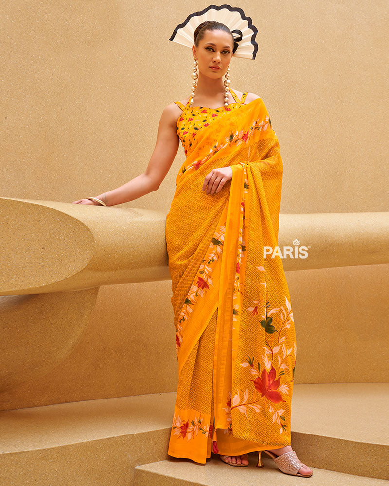 Yellow Floral Print Saree with Intricate Weaving and Unstitched Blouse